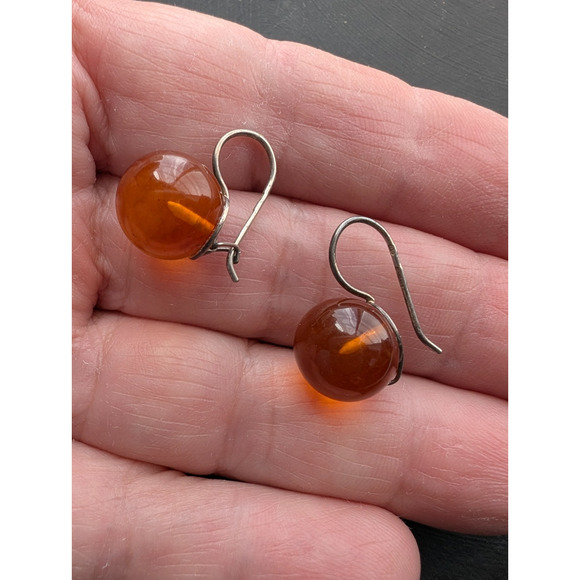 Vintage Sterling Silver and Amber Spherical Drop Earrings Pierced Ears 925 - Picture 5 of 8